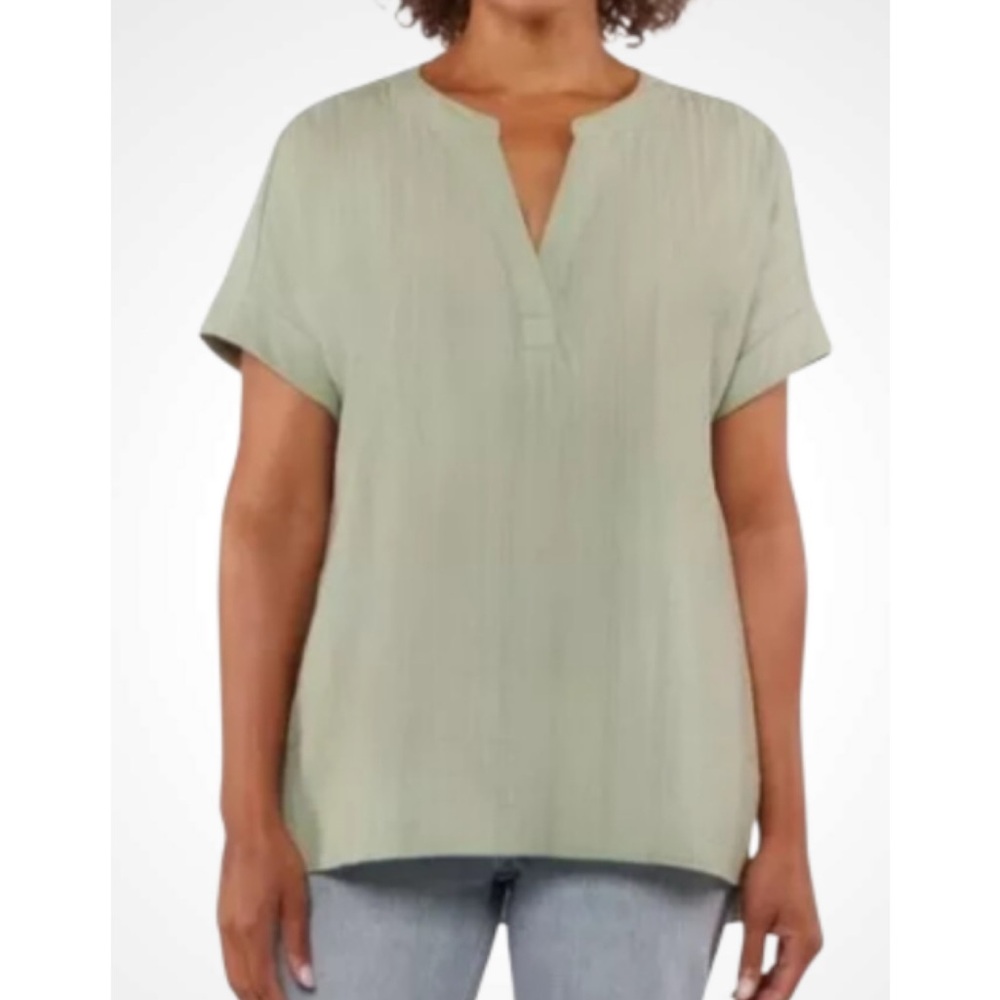 Matty M Ladies' Sage Cotton Popover Top Short Sleeve Notched Neck Large